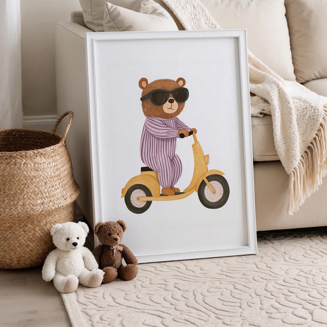 Happy Cool Bear Riding Yellow Scooter Pajamas Nursery Poster - Image 4