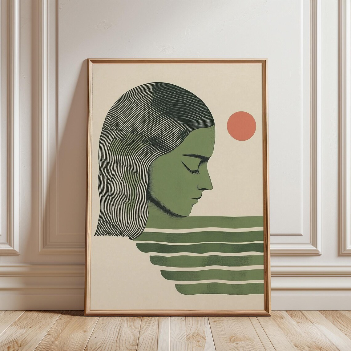 Japandi Woman Profile with Red Sun Minimalist Green Art Poster - Image 5