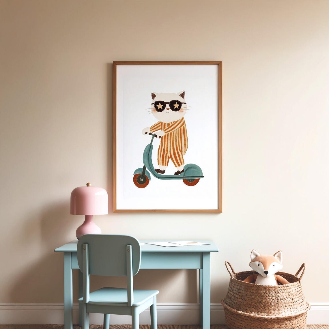 Playful Cool Cat Star Sunglasses Riding Scooter Nursery Art Poster - Image 2