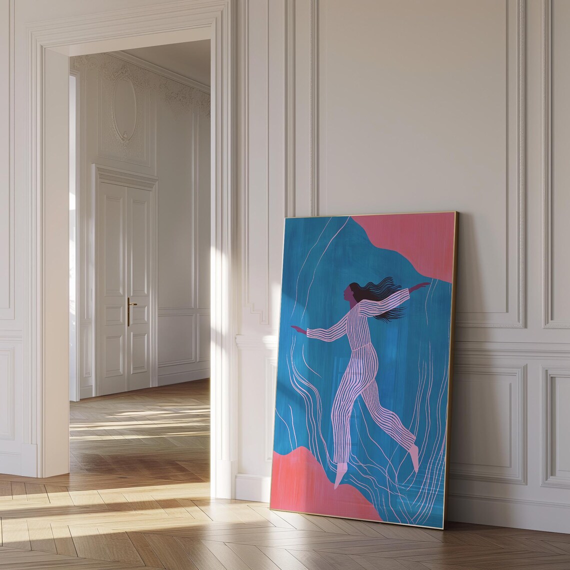 Dancing Woman in Stripes Teal and Pink Modern Illustration Poster - Image 2