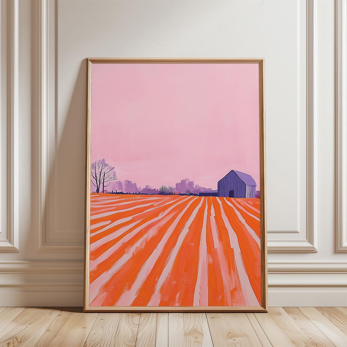 Pink Sky Farm Landscape with Purple Barn and Orange Field Poster
