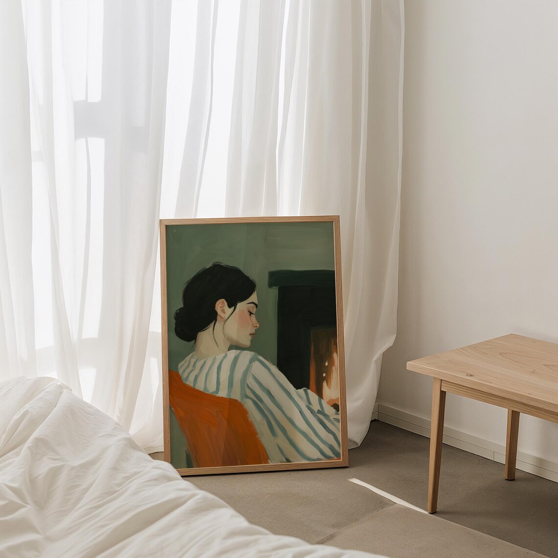Woman in Striped Sweater Sitting by Fireplace Cozy Evening Poster - Image 3