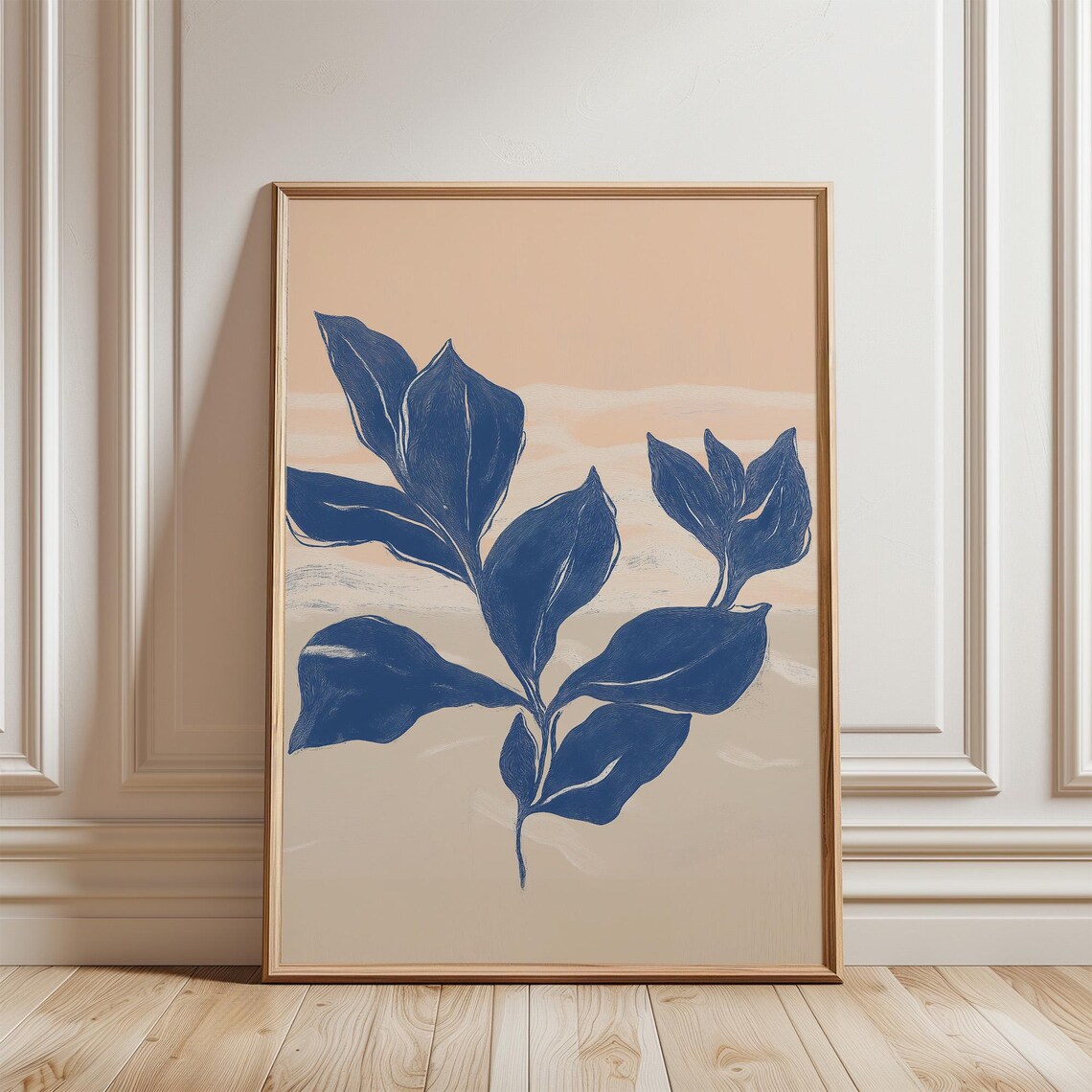 Elegant Navy Blue Botanical Leaves Minimalist Neutral Art Poster
