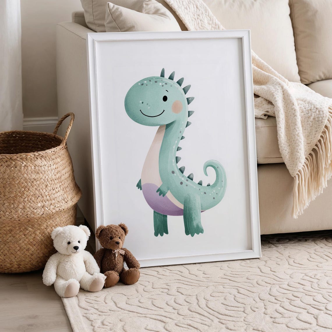 Happy Smiling Green Baby Dinosaur Cute Nursery Dinosaur Poster - Image 5