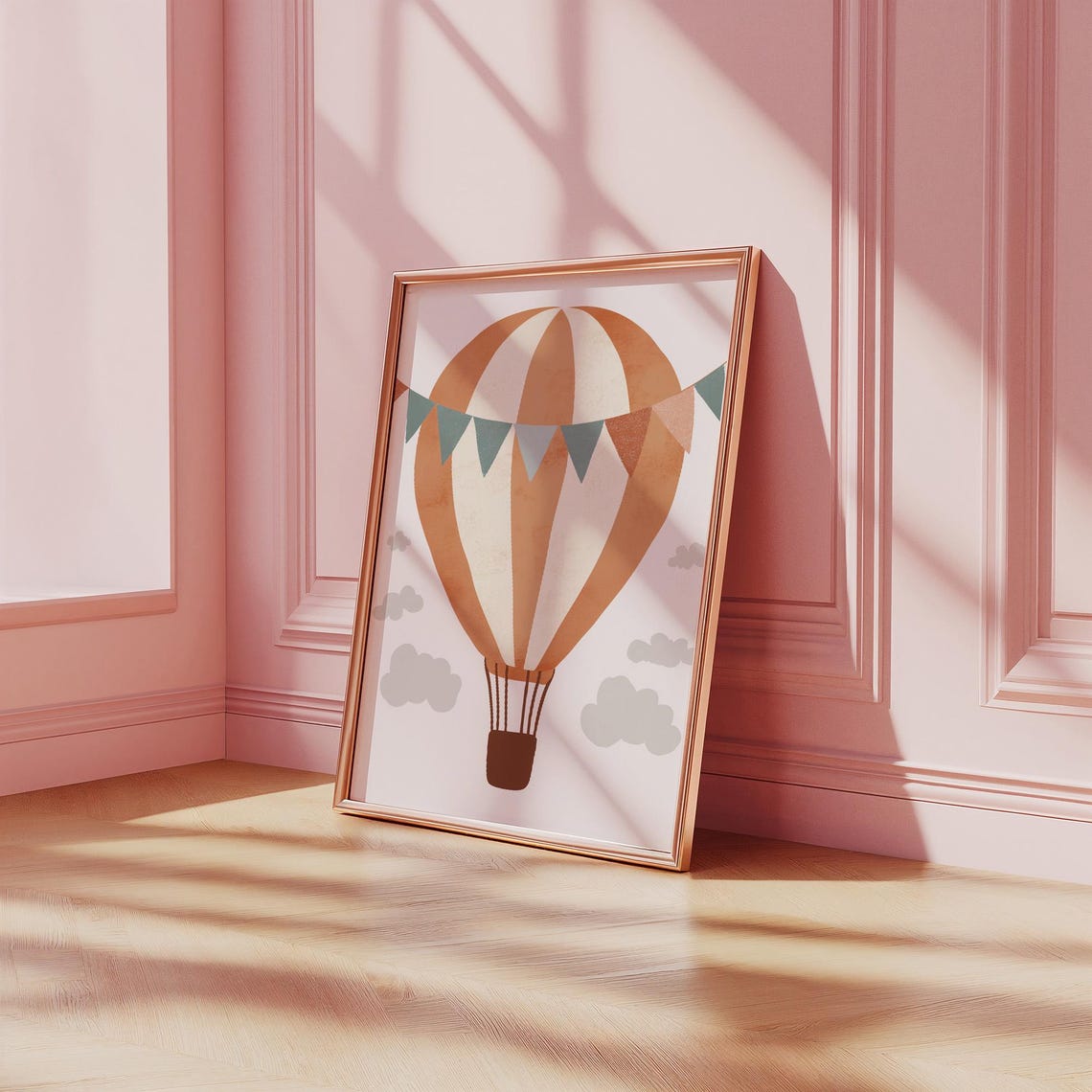 Sweet Boho Terracotta Striped Hot Air Balloon Nursery Decor Poster - Image 2