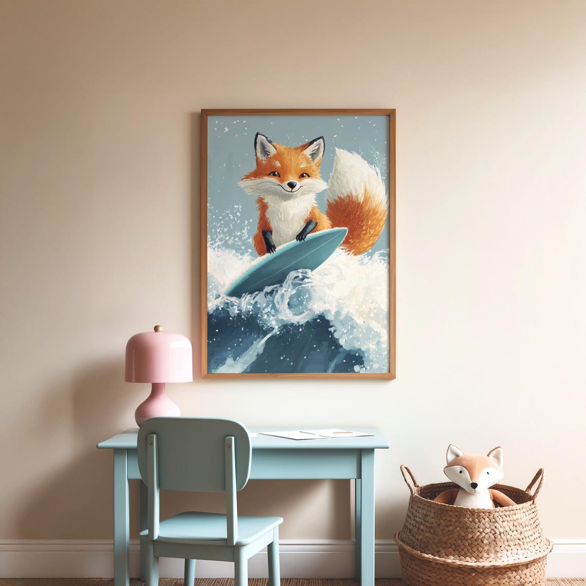 Cute Happy Fox Surfing a Big Ocean Wave Nursery Animal Art Poster - Image 4