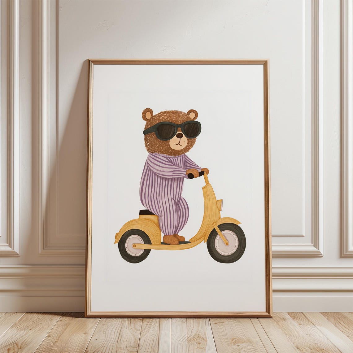 Happy Cool Bear Riding Yellow Scooter Pajamas Nursery Poster