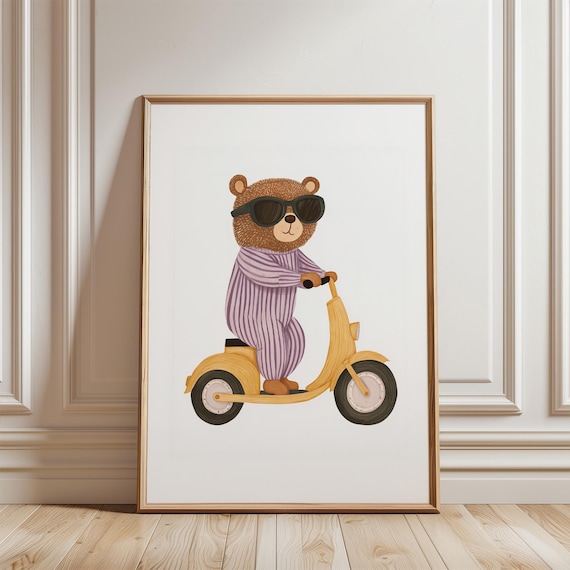 Happy Cool Bear Riding Yellow Scooter Pajamas Nursery Poster