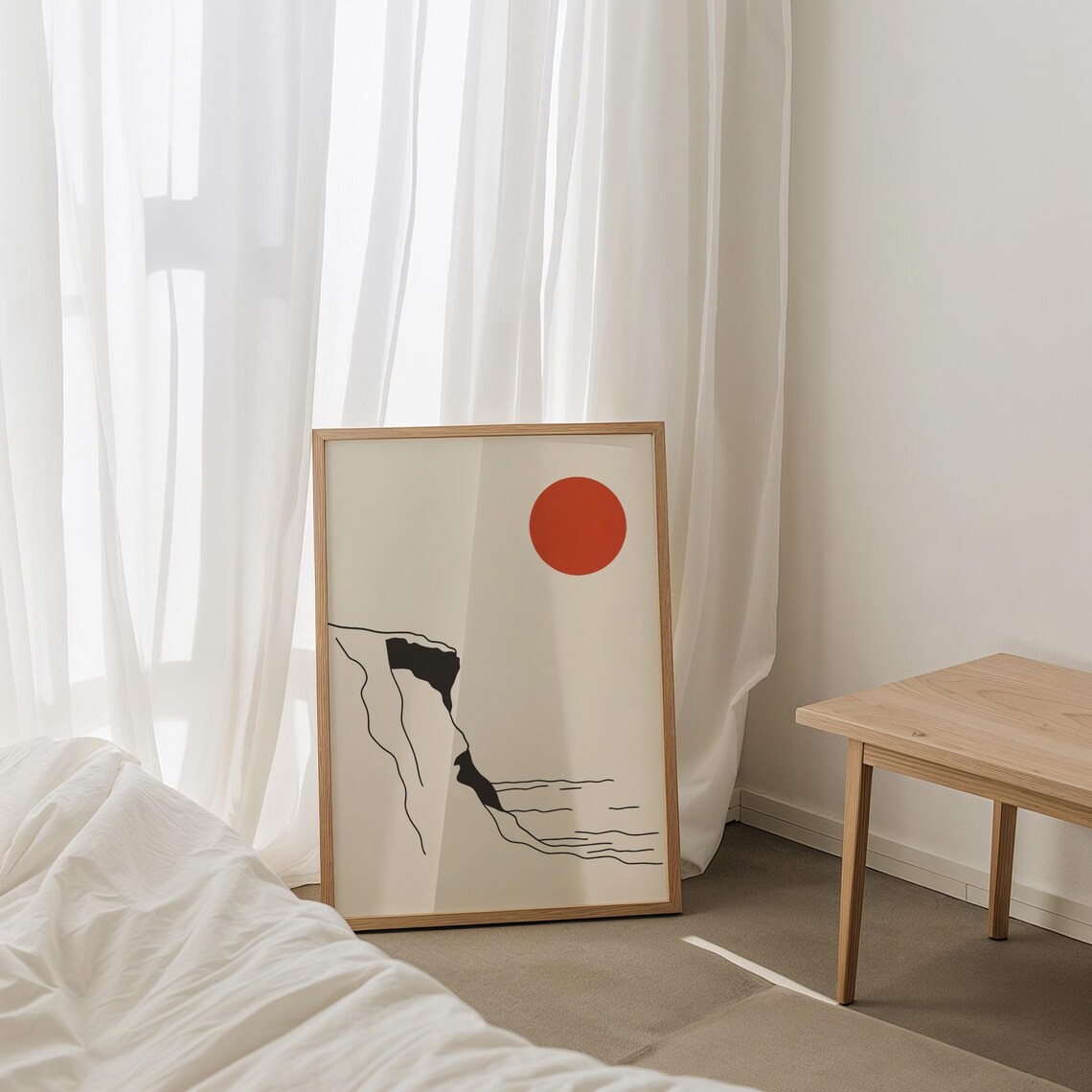 Minimalist Japanese Red Sun and Cliff Line Art Japandi Poster - Image 4
