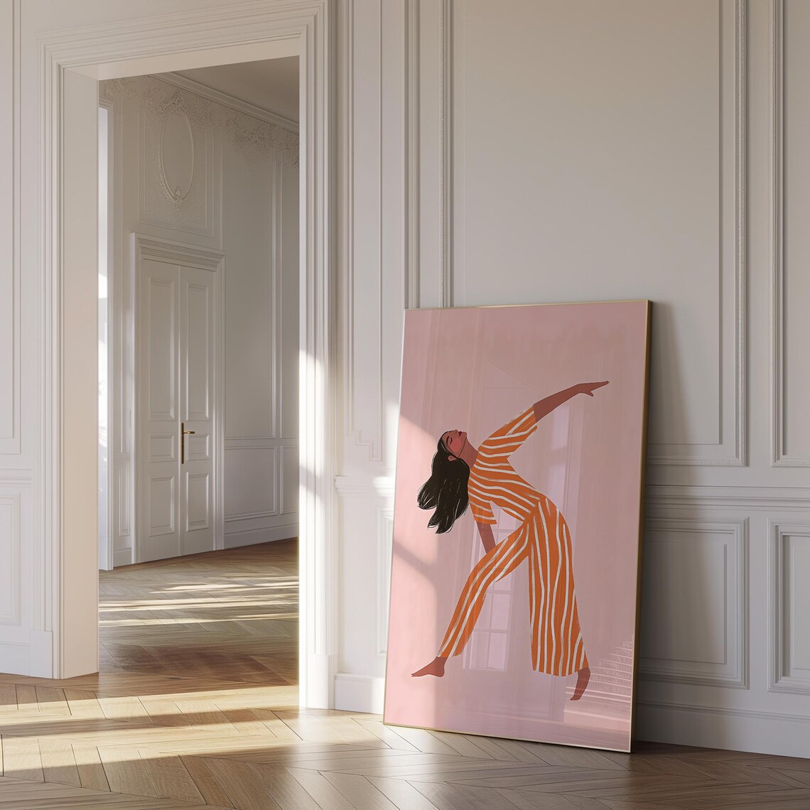 Dancing Woman Orange Stripes Pink Ground Modern Art Wall Poster - Image 2