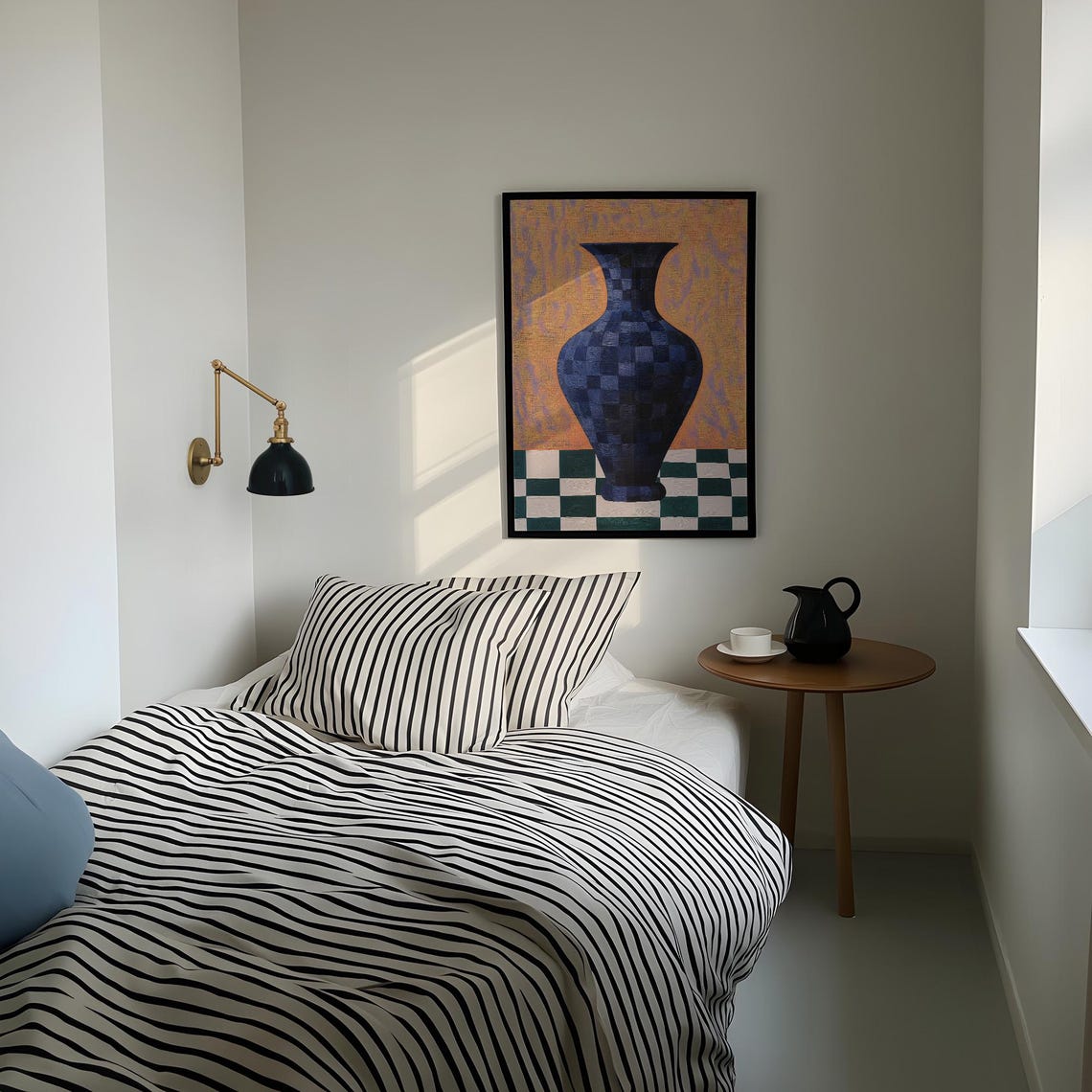 Blue Checkered Vase Still Life Orange Ground Art Wall Poster - Image 3