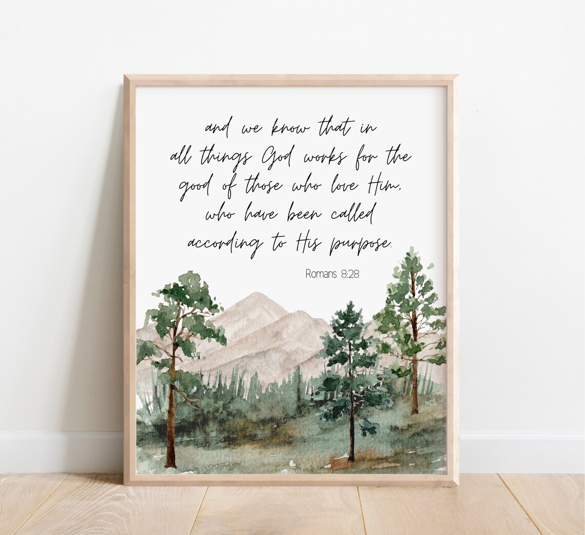 Romans 8:28 God Works For Good Watercolor Forest Mountain Print