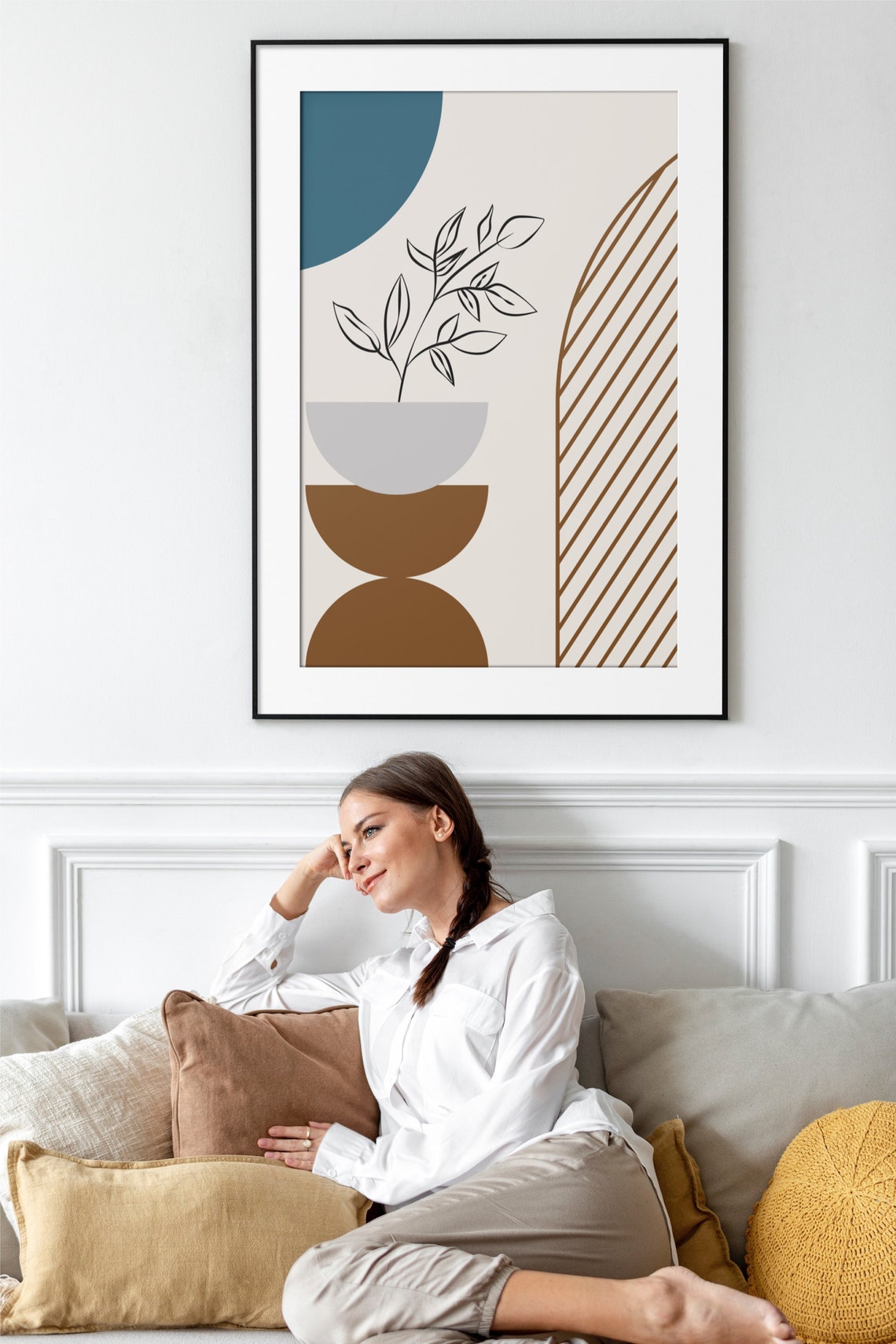 Mid Century Botanical Potted Plant Teal Brown Abstract Wall Poster - Image 2