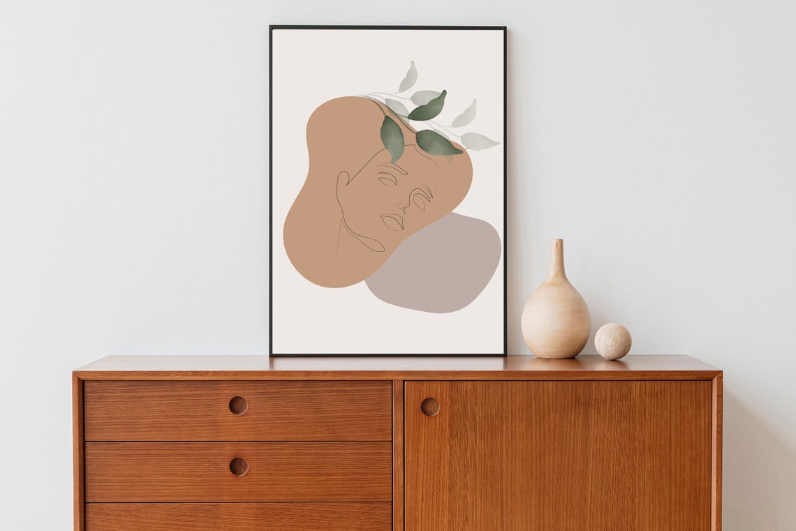 Boho Woman Line Portrait Eucalyptus Abstract Face Wall Poster