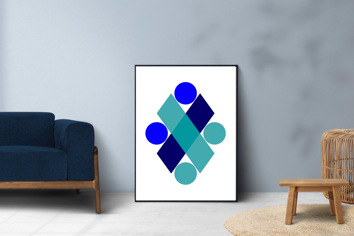 Blue Geometric Circles Diamonds Minimalist Abstract Composition Print - Image 2