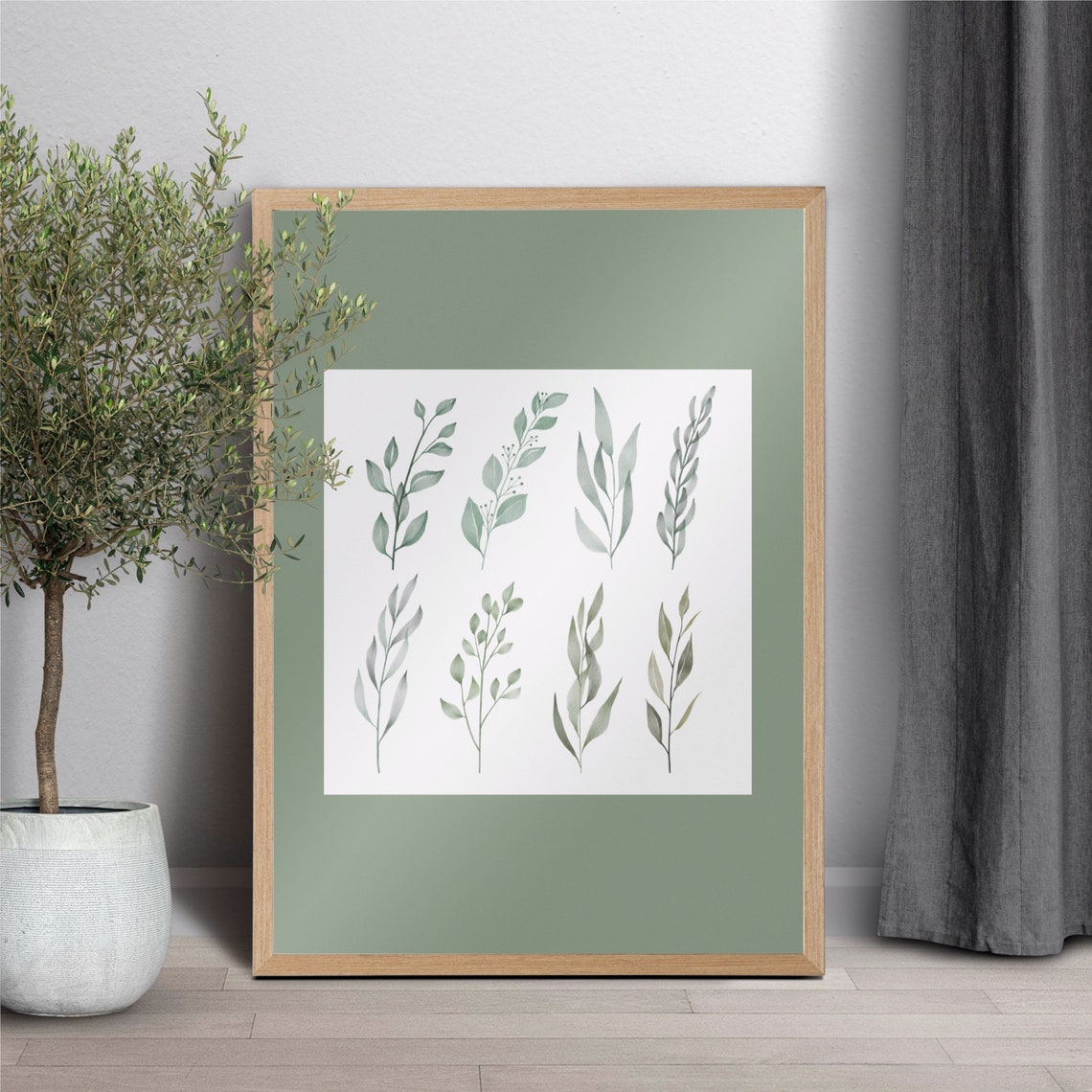 Sage Green Watercolor Leaf Sprigs Botanical Study Wall Poster
