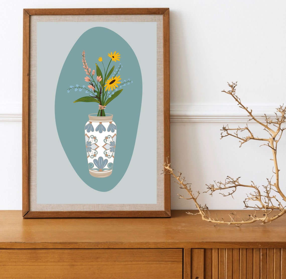 Sage Green Botanical Vase Wildflower Bouquet Patterned Vessel Poster - Image 3