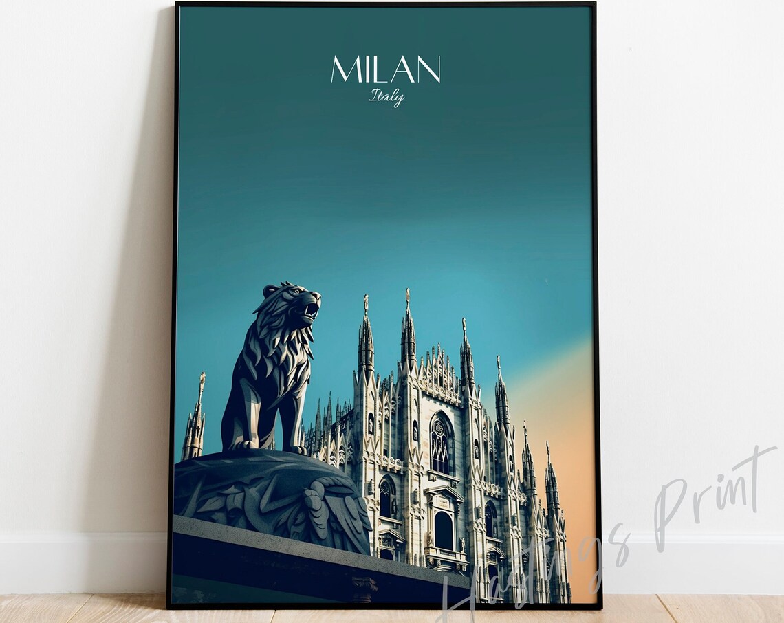Milan Italy Duomo Cathedral Lion Statue Dusk Gothic Travel Poster