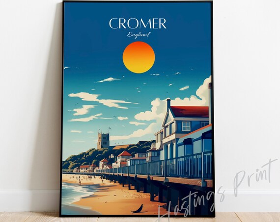 Cromer England Seaside Pier Beach Huts Sunny Vintage Travel Poster