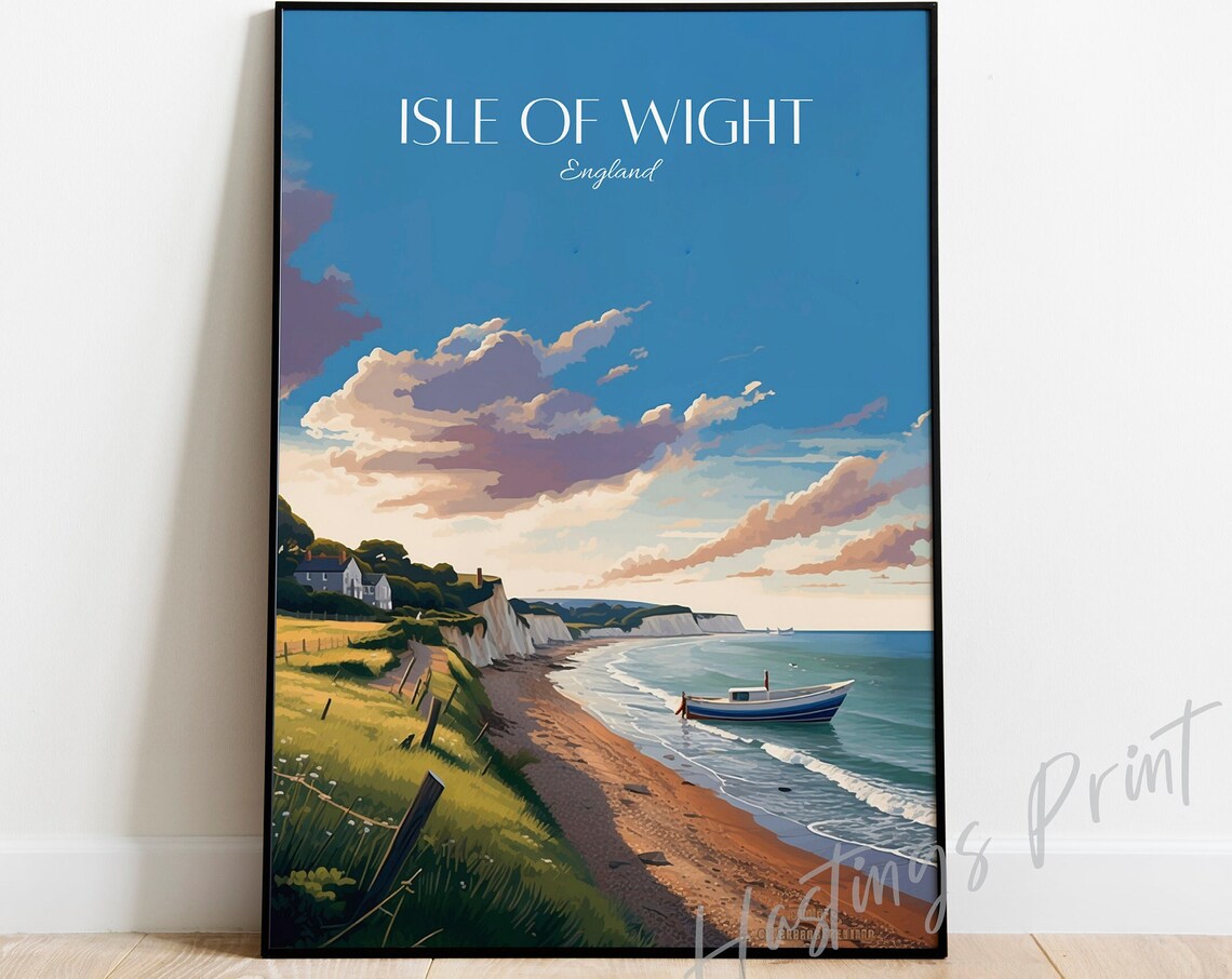 Isle Of Wight England Beach Boat Chalk Cliffs Vintage Travel Poster