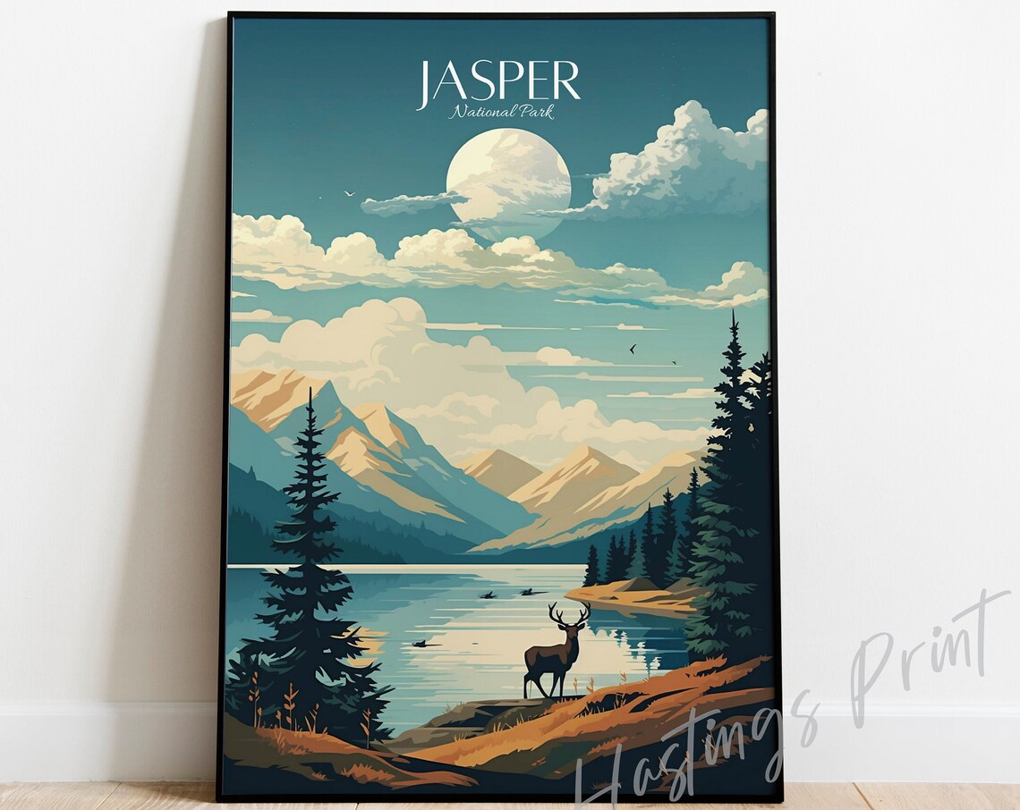 Jasper National Park Vintage Travel Poster Canada Rockies Art