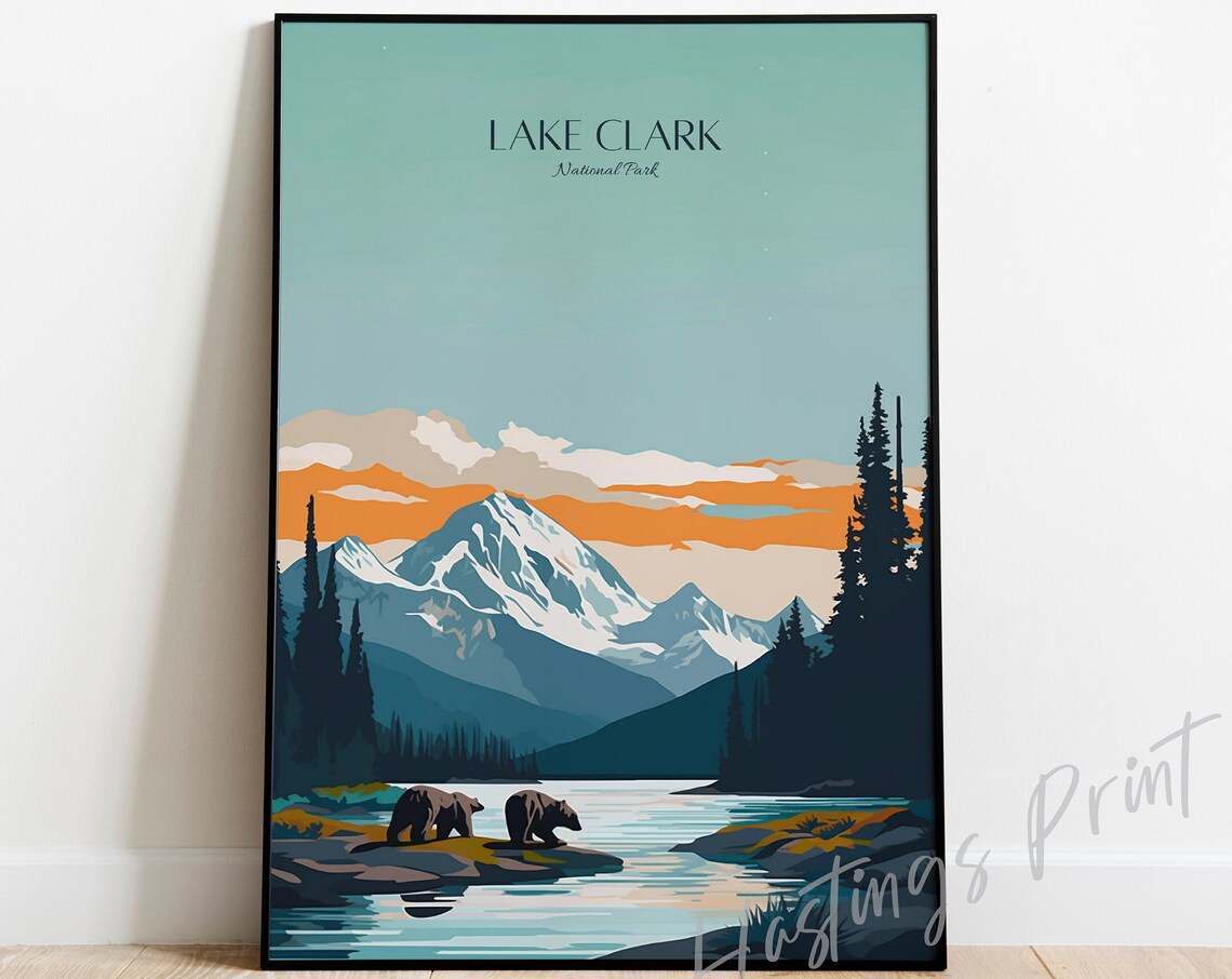 Lake Clark National Park Alaska Bears Mountain Vintage Travel Poster