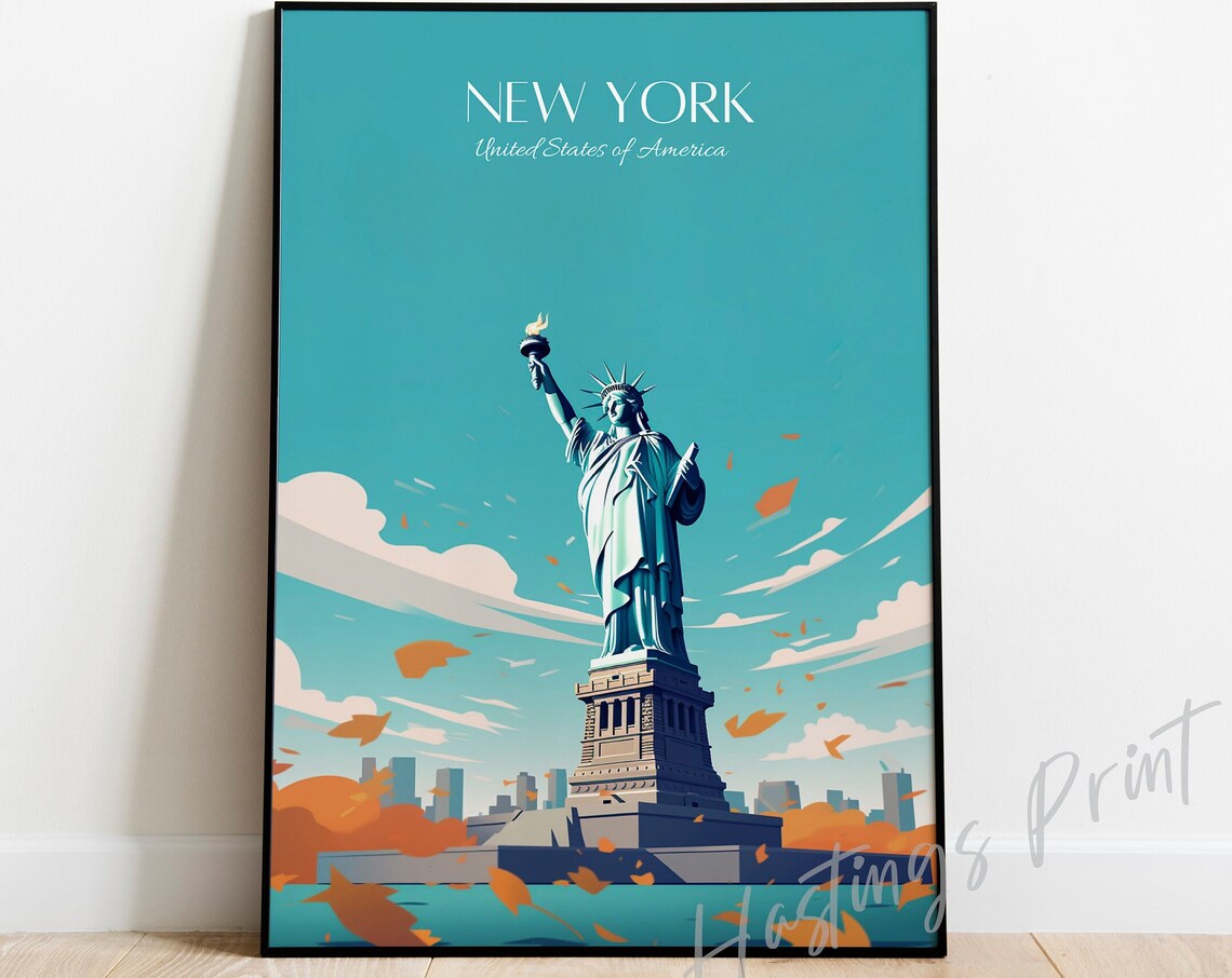 New York Statue of Liberty Autumn Leaves Vintage Travel Poster