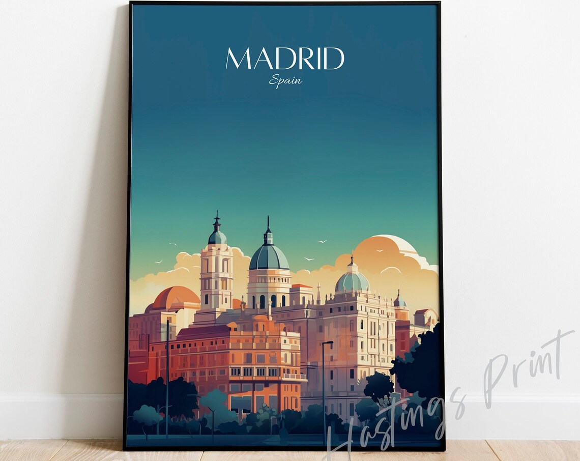 Madrid Spain Vintage Travel Poster Cathedral Domes Dusk Skyline