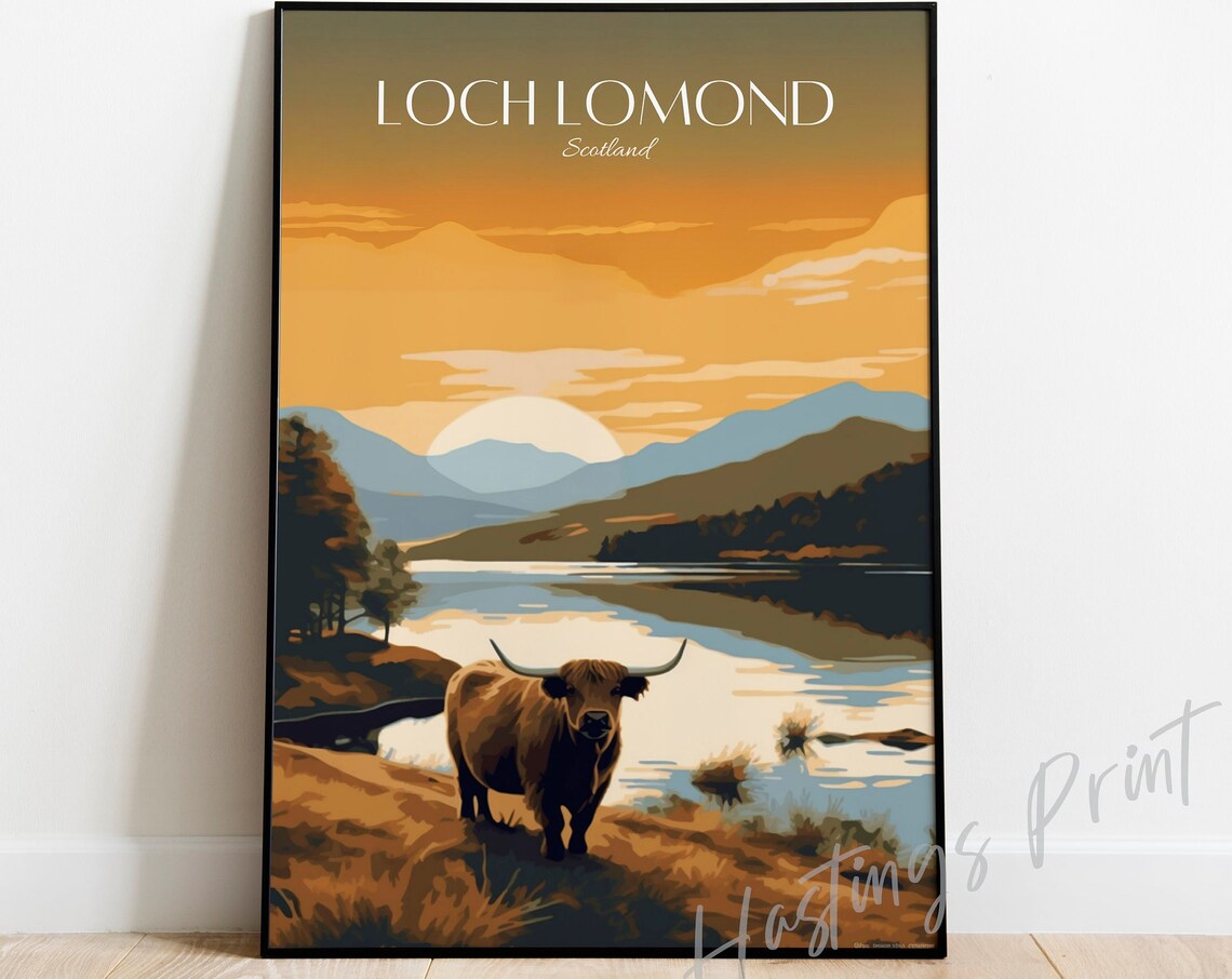 Loch Lomond Scotland Highland Cow Golden Sunset Lake Travel Poster
