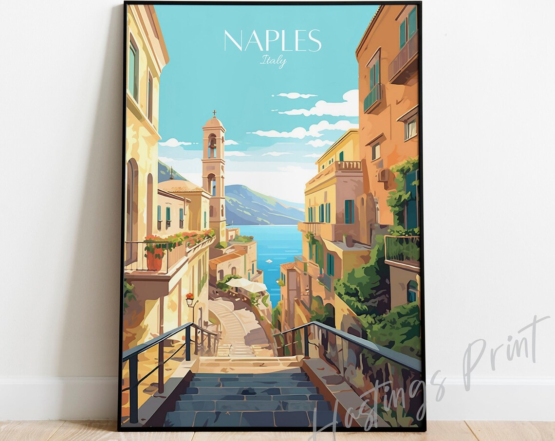 Naples Italy Vintage Travel Poster Old Town Stone Steps Sea View