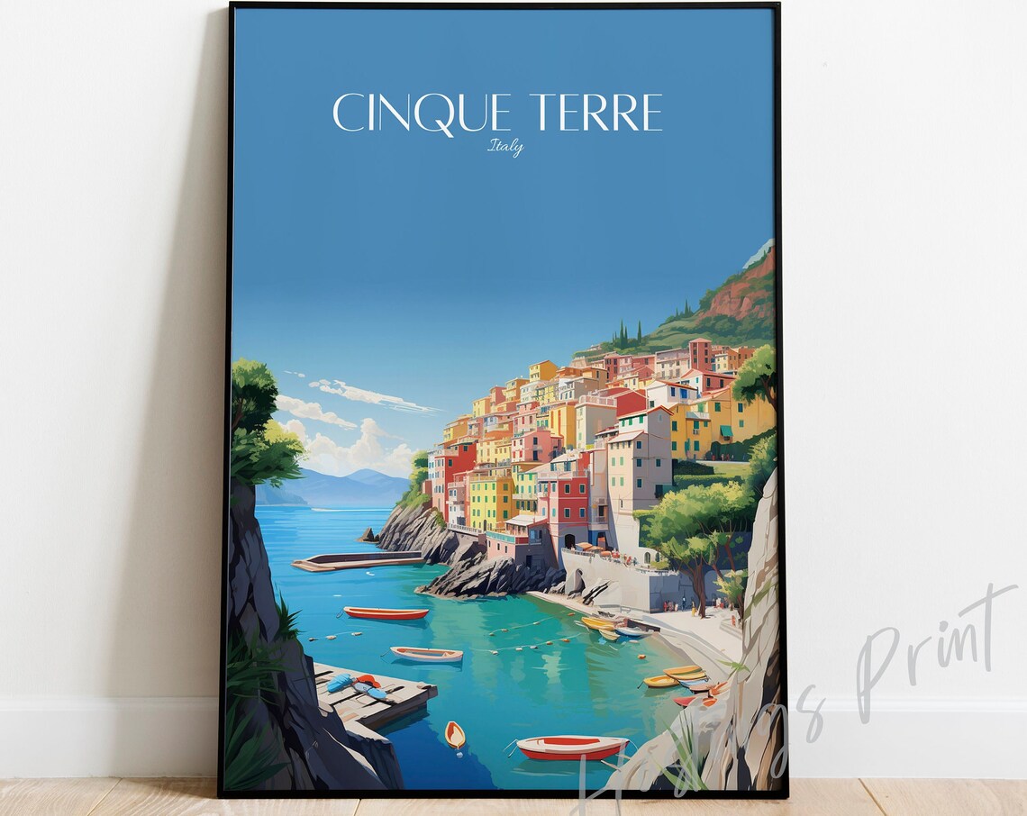 Cinque Terre Italy Turquoise Cove Colorful Village Travel Poster