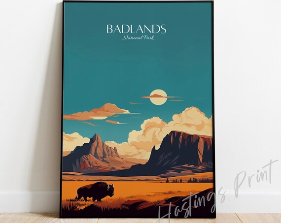 Badlands National Park South Dakota Bison Vintage Travel Poster