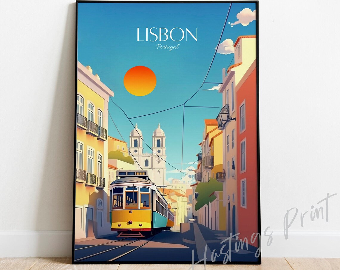 Lisbon Portugal Yellow Tram Sunny Street Vintage Travel Poster