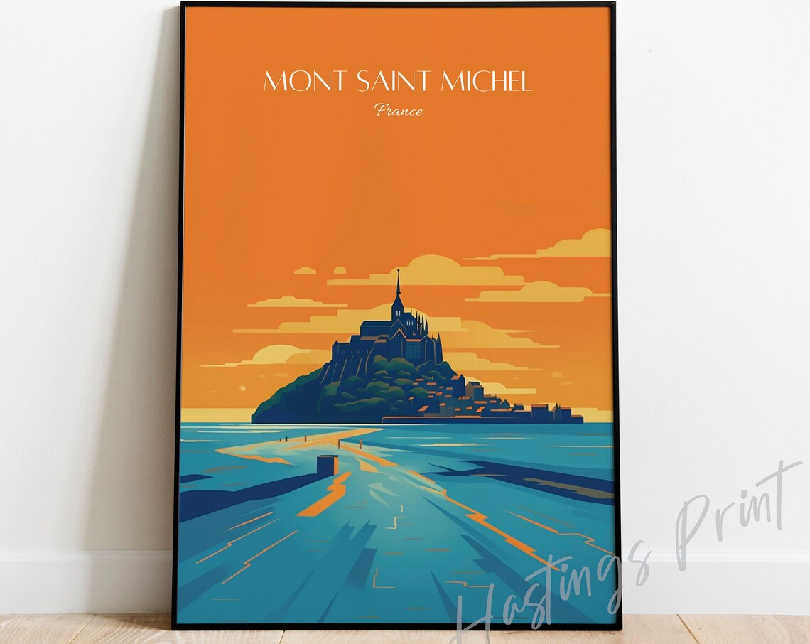 Mont Saint Michel France Tidal Island Sunset Orange Sky Travel Poster