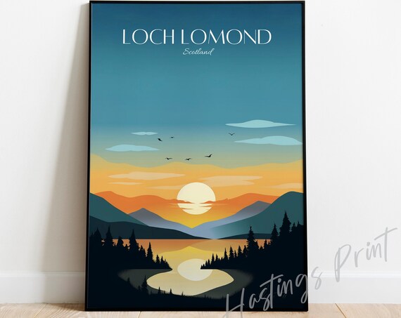 Loch Lomond Scotland Sunset Lake Mountains Vintage Travel Poster