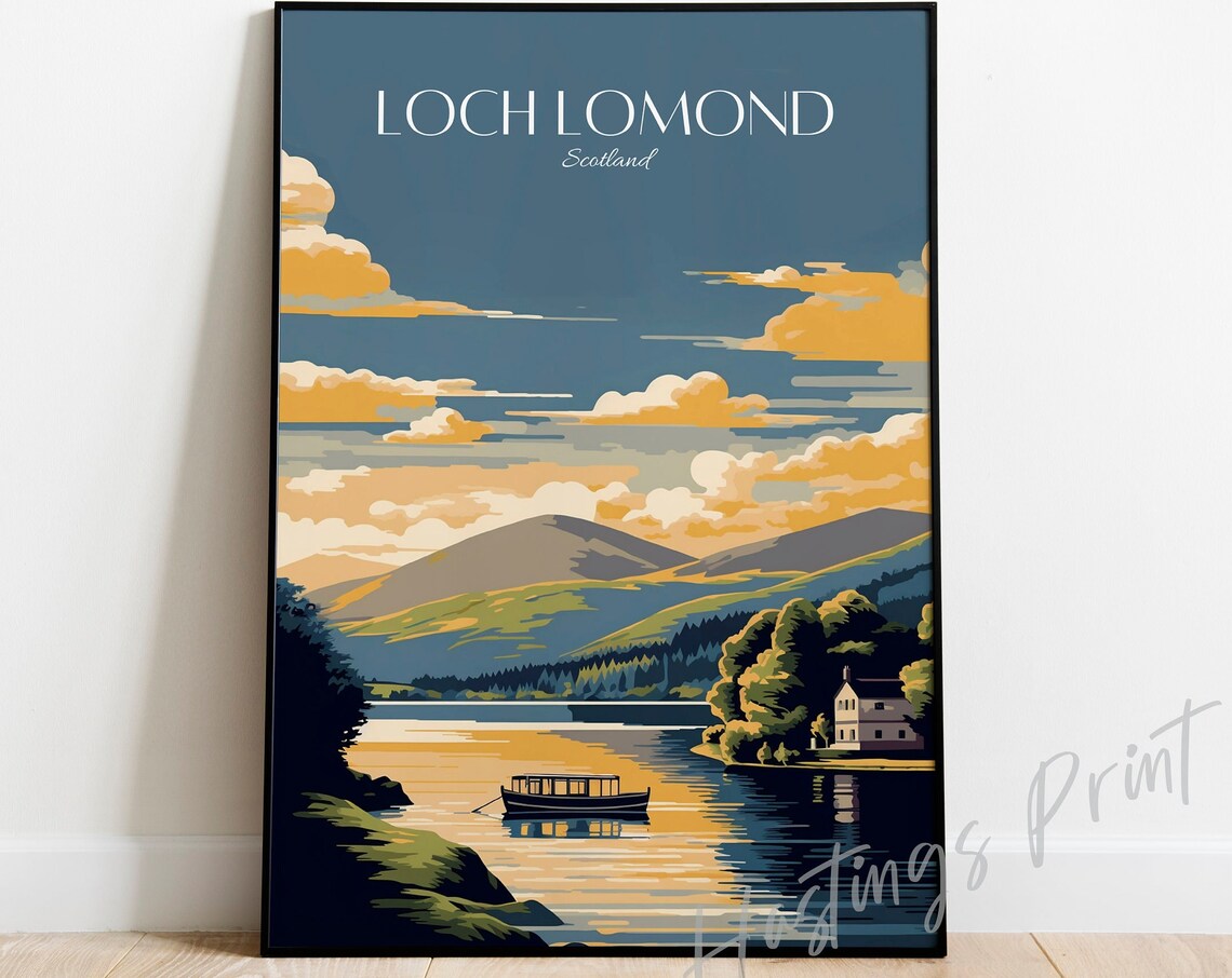 Loch Lomond Scotland Vintage Travel Poster Golden Lake View Art