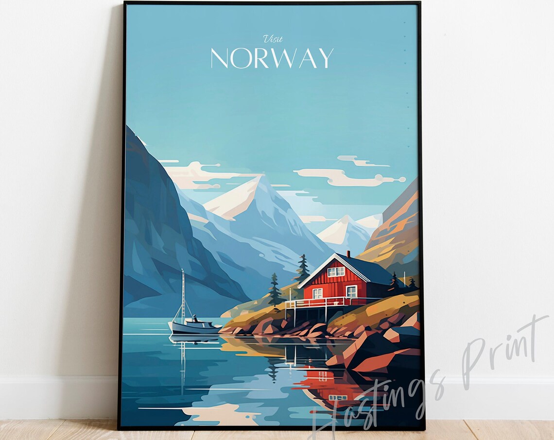 Visit Norway Red Cabin Fjord Mountain Lake Vintage Travel Poster Art