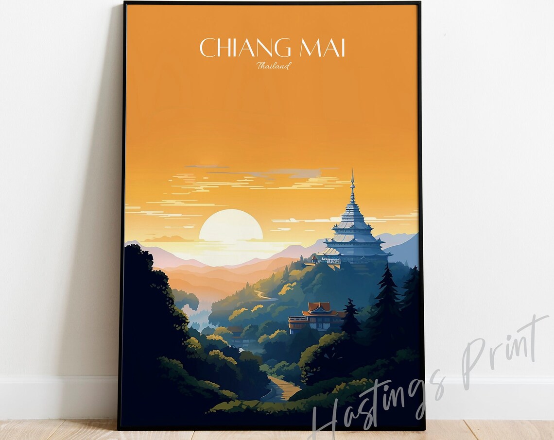 Chiang Mai Thailand Vintage Travel Poster Mountain Temple Sunset Artwork