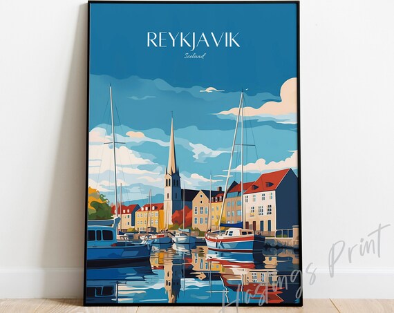 Reykjavik Iceland Vintage Style Sailboat Harbor Travel Poster