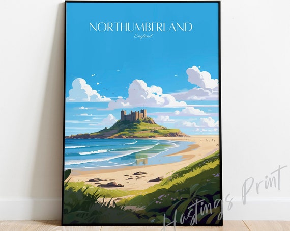 Northumberland Travel Poster Coastal Castle Print Custom Text Available