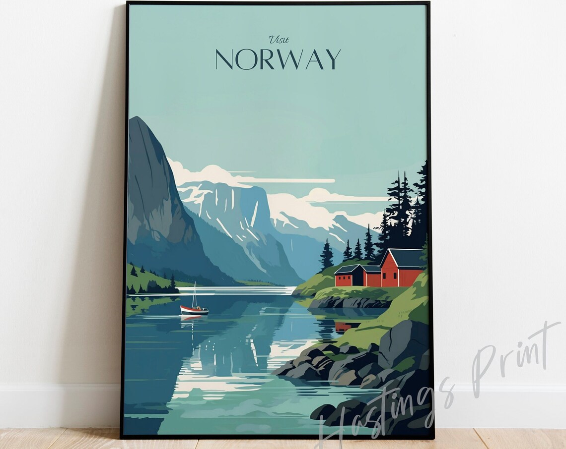 Norway Travel Poster, Modern Vintage Home Decor