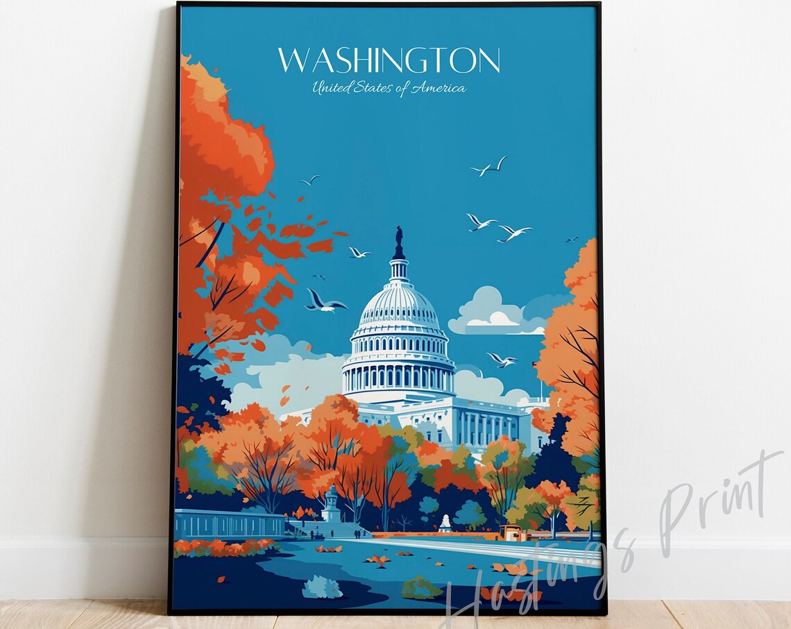 Washington DC Capitol Building Autumn Retro Vintage Travel Poster