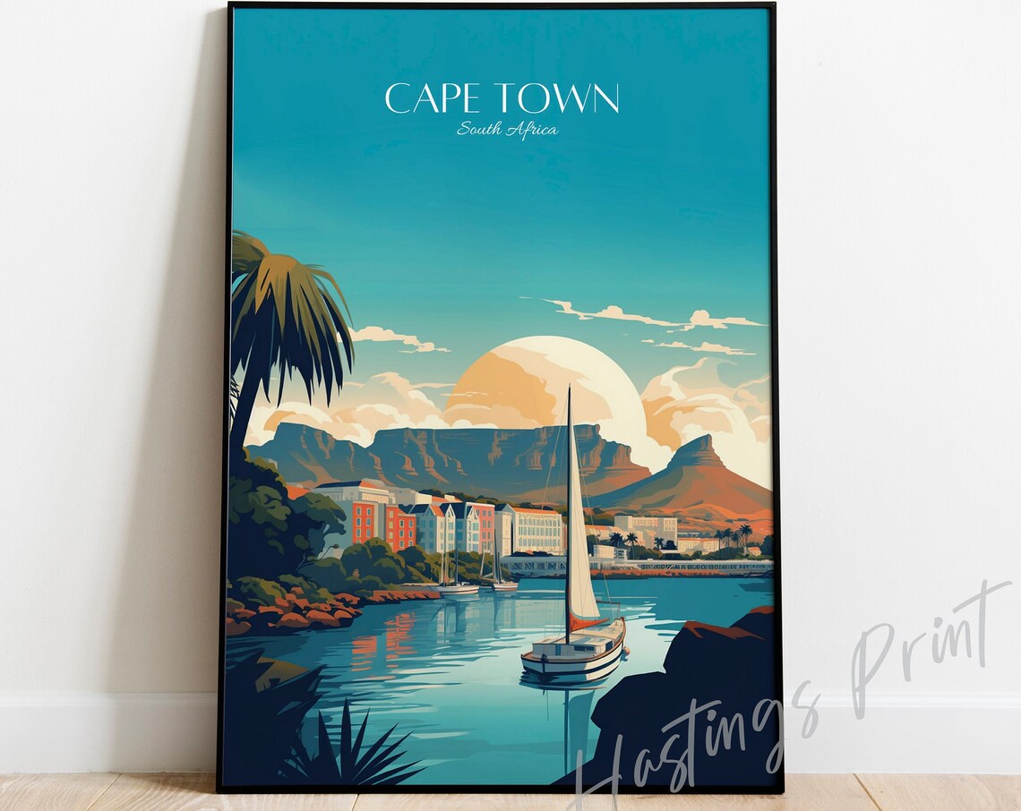 Cape Town South Africa Table Mountain Harbor Vintage Travel Poster