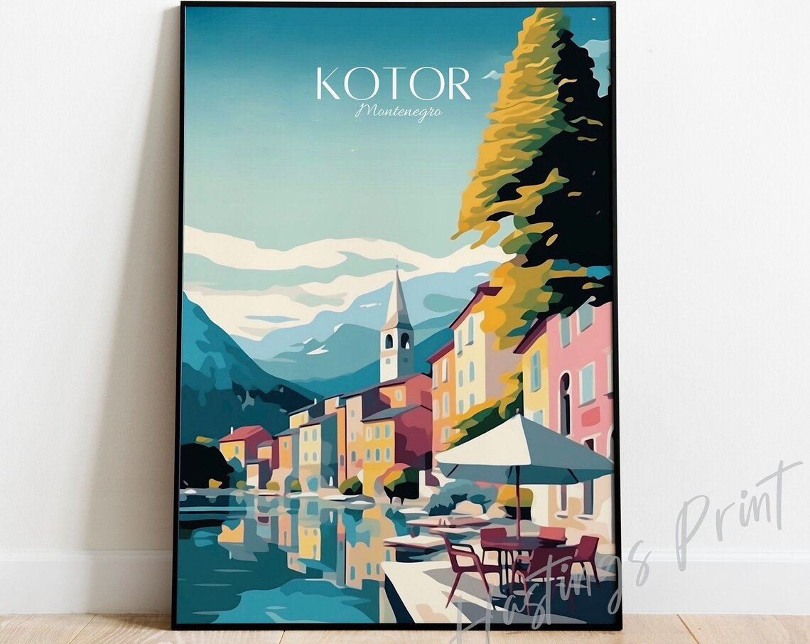 Kotor Montenegro Waterfront Vintage Travel Poster Bay Town Art
