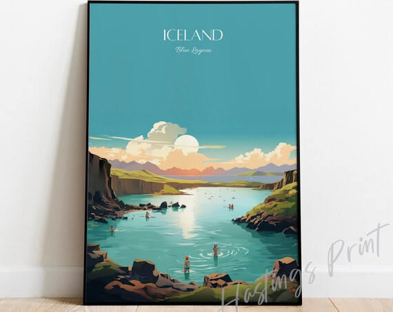 Iceland Blue Lagoon Vintage Travel Poster Geothermal Spa Bathing Art