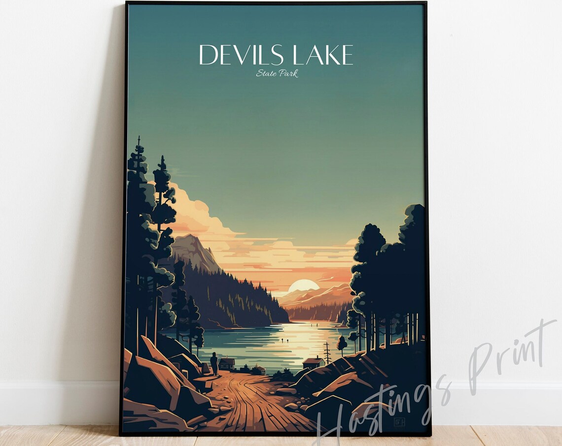 Devils Lake State Park Sunset Over Water Vintage Travel Poster