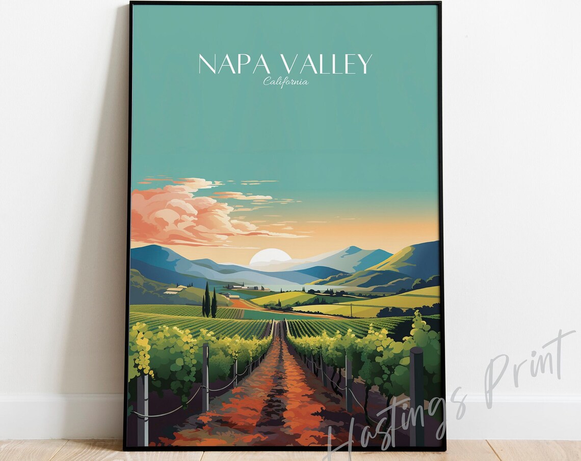 Napa Valley California Vineyard Sunset Vintage Travel Poster Wine Art
