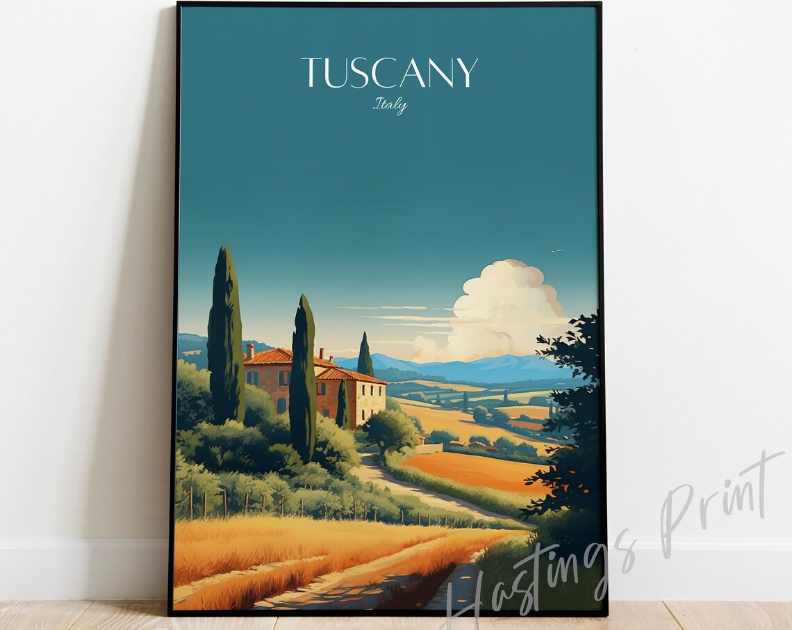 Tuscany Italy Vintage Travel Poster Golden Wheat Fields Villa