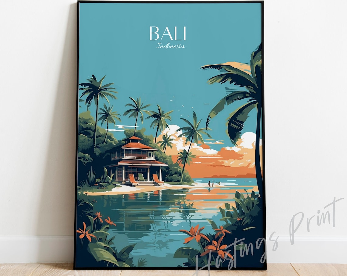 Bali Indonesia Tropical Beach House Vintage Style Travel Poster