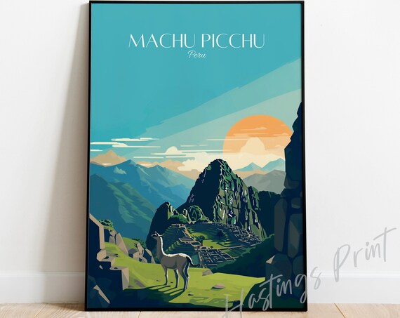 Machu Picchu Peru Llama Mountain Ancient Ruins Travel Poster